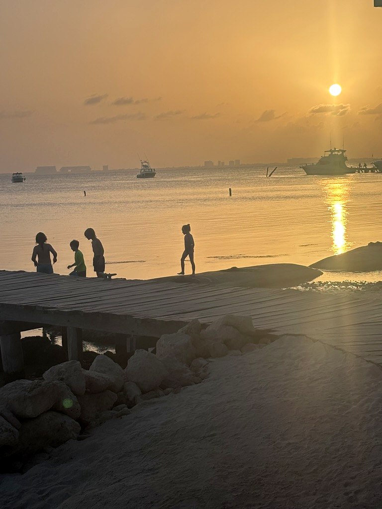 Children silhouetted at sunset